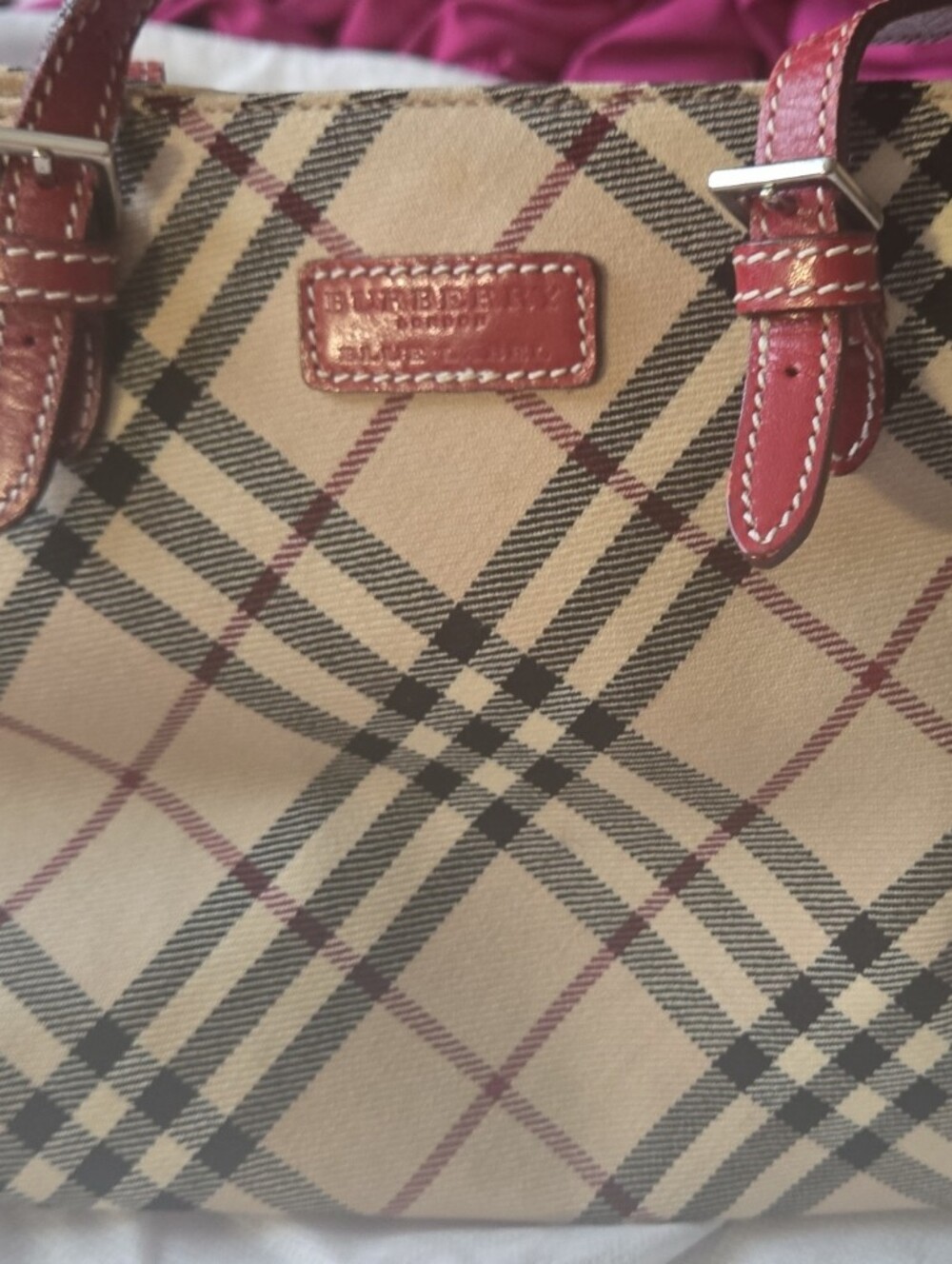 Burberry Classic Beige Plaid Shoulder Bag with Red Leather Trim